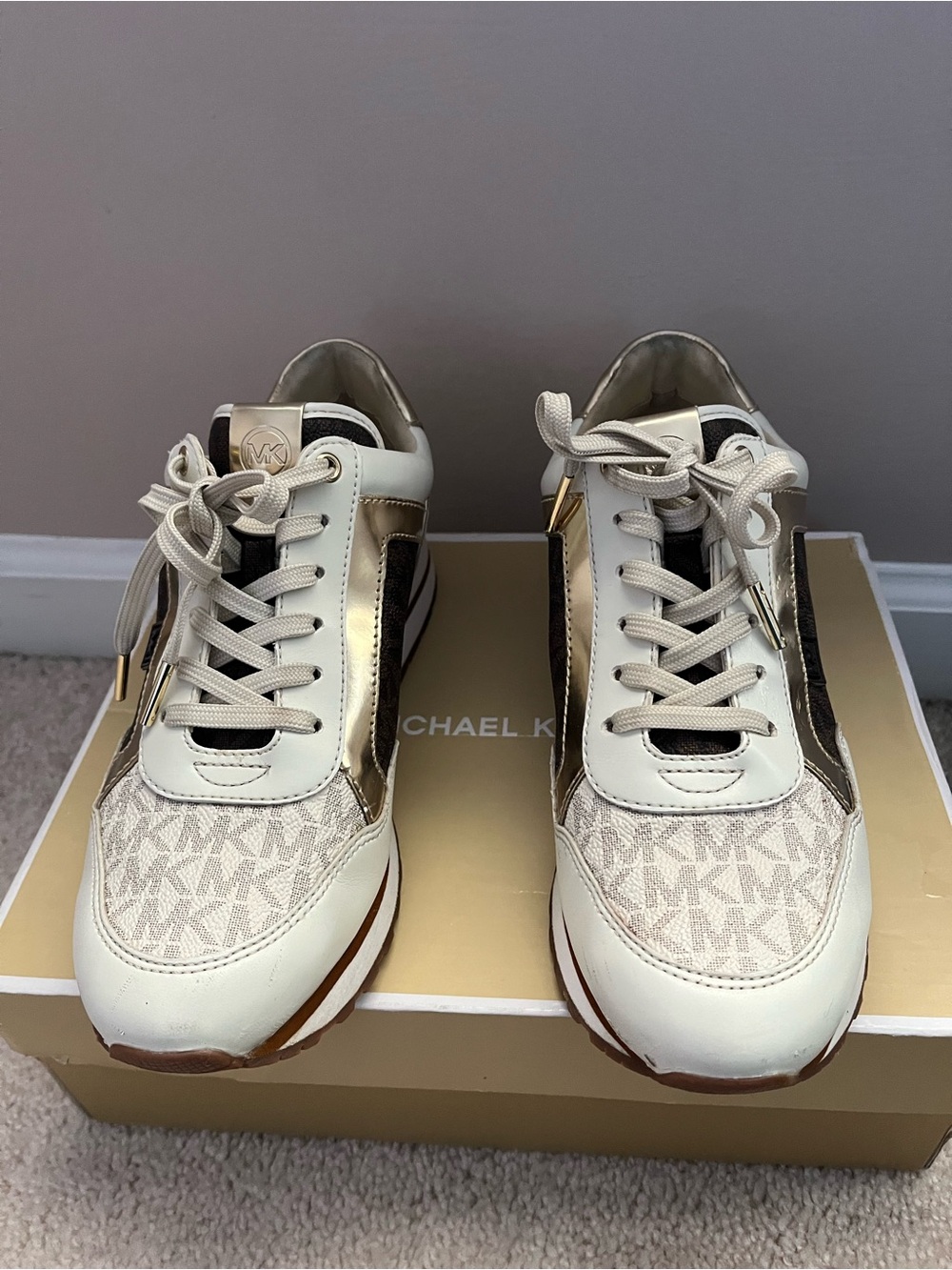 Michael Kors Cream, Gold and Brown MK Logo Trainer Sneakers